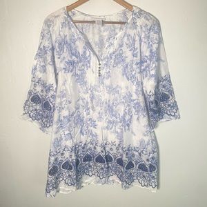 Soft Surroundings Blue White Eyelet Nimes Floral Embroidered Tunic Top S…